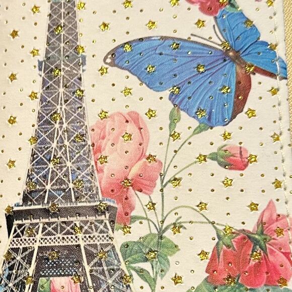 Paris Vegan Leather Wallet Eiffel Tower Butterfly Wrist Strap Wristlet Bling - Picture 2 of 10